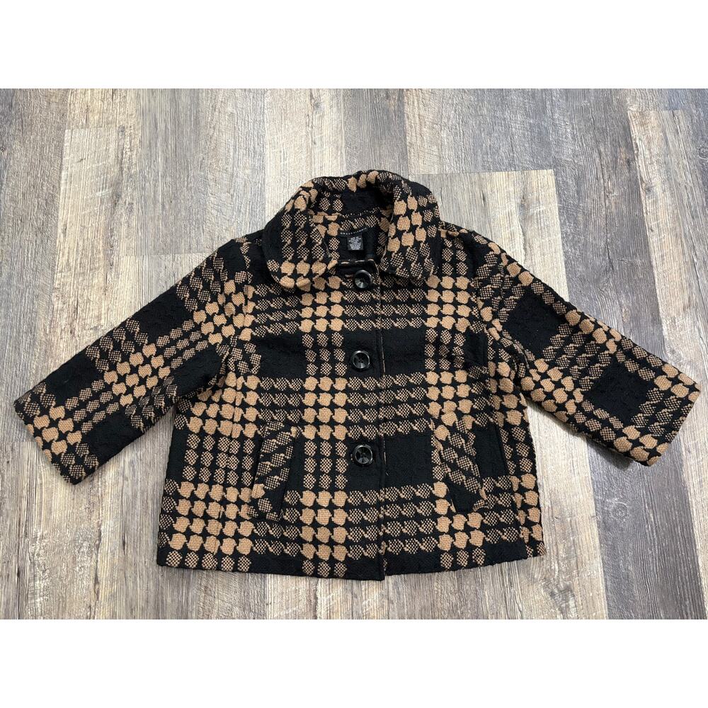 Grace Elements Women 14 Wool‎ Blend Plaid Cropped Jacket Black Tan Button Front